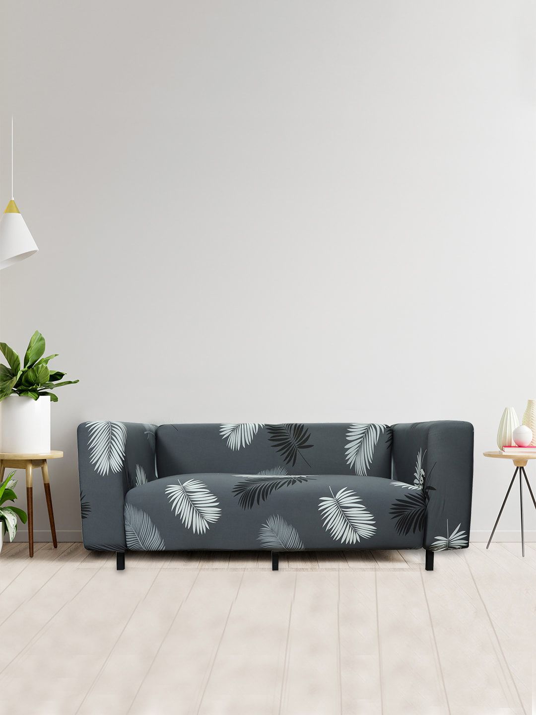HOUSE OF QUIRK Blue Stretchable Non-Slip Leaf Polyester Straight 2 Seater Printed Sofa Cover