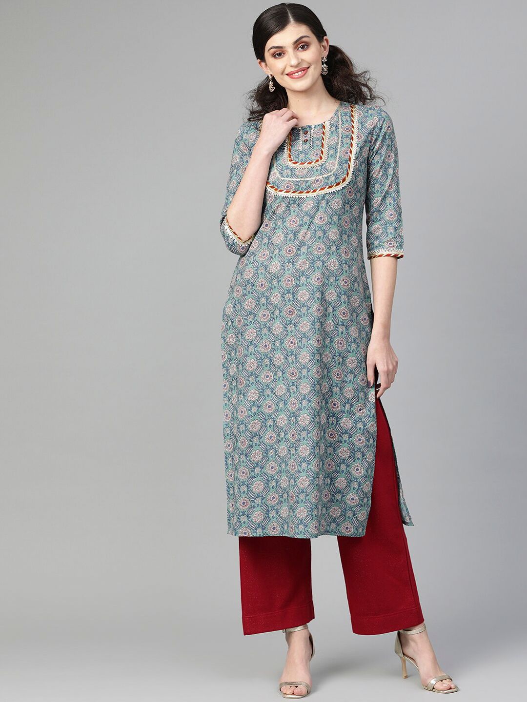 Varanga Women Green Striped Keyhole Neck Flared Sleeves Mirror Work Anarkali Kurta