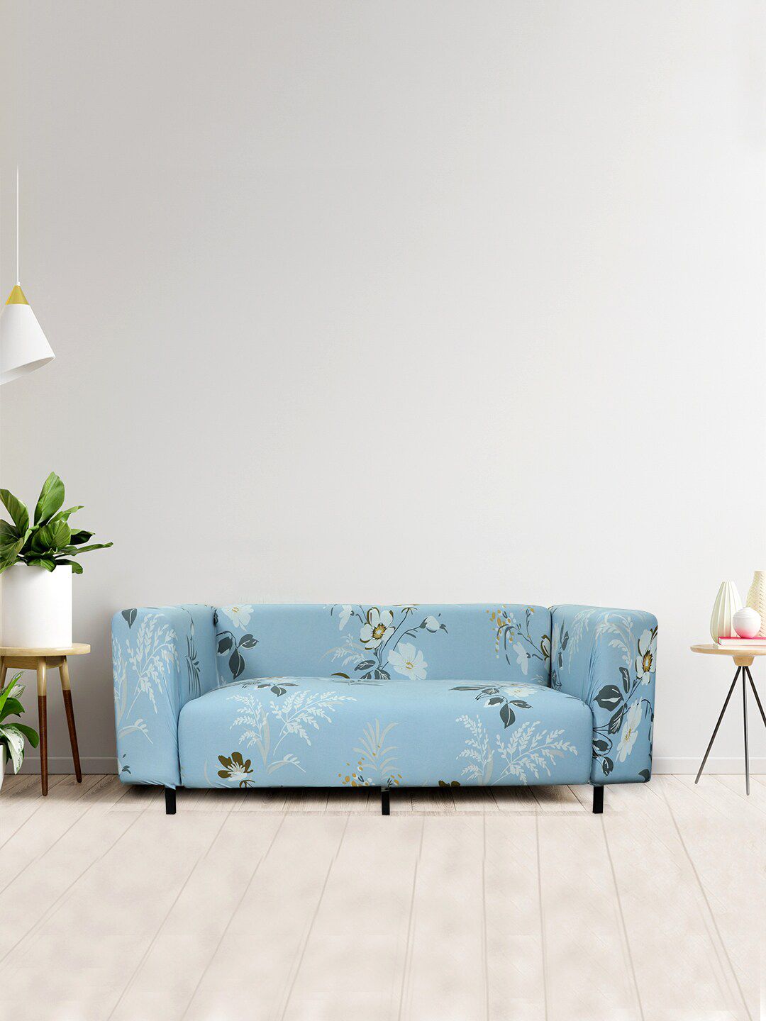 HOUSE OF QUIRK Blue Stretchable Non-Slip Floral Polyester Straight 3 Seater Printed Sofa Cover