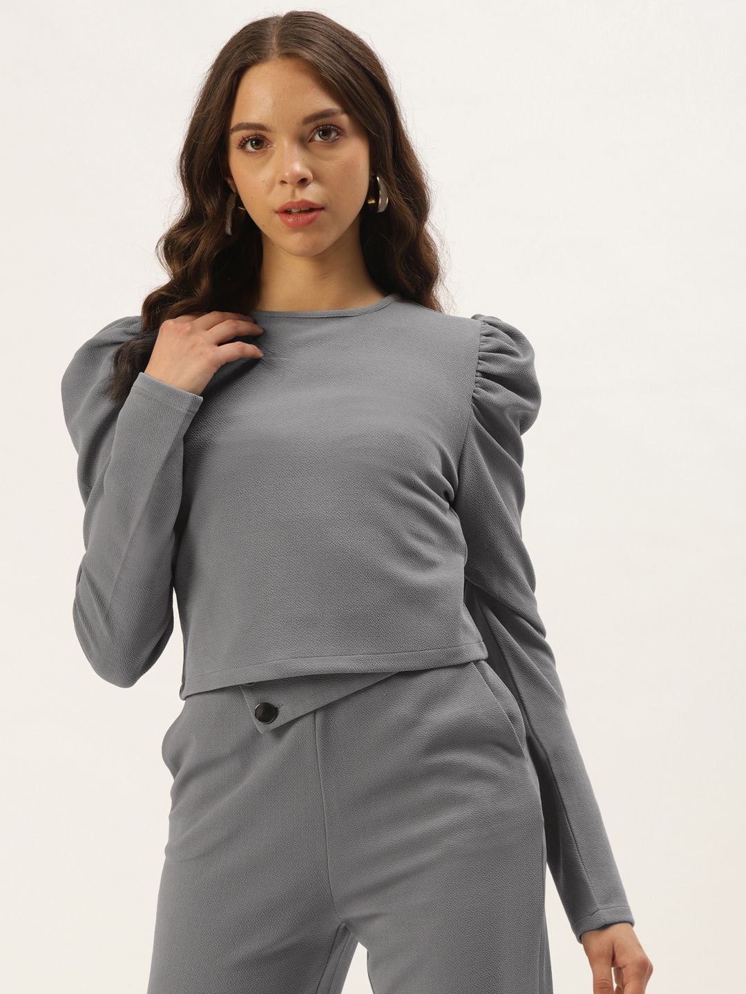 Zastraa Women Grey Solid Puff-Sleeve Regular Top