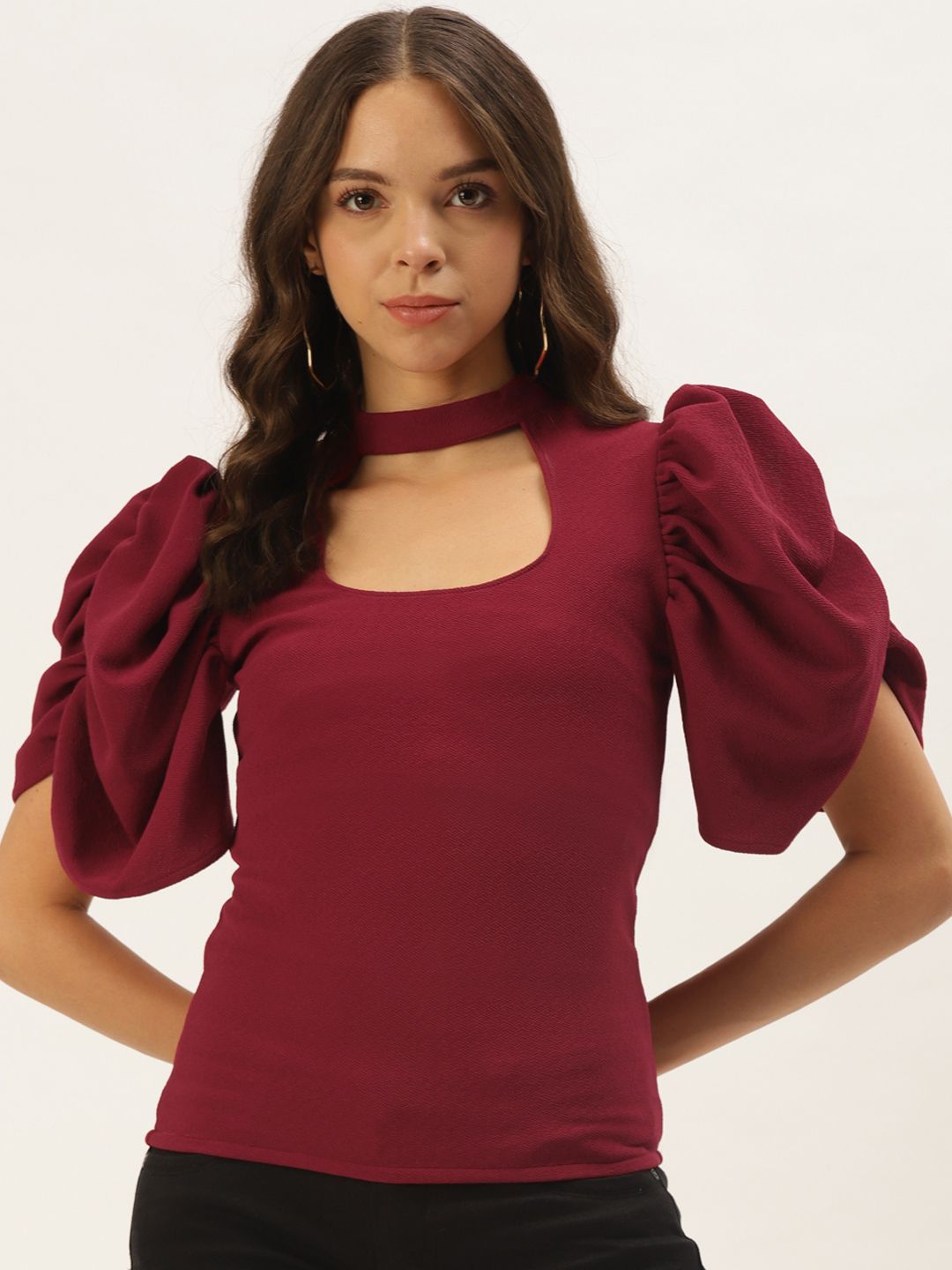 Zastraa Women Maroon Choker Neck Fitted Regular Top