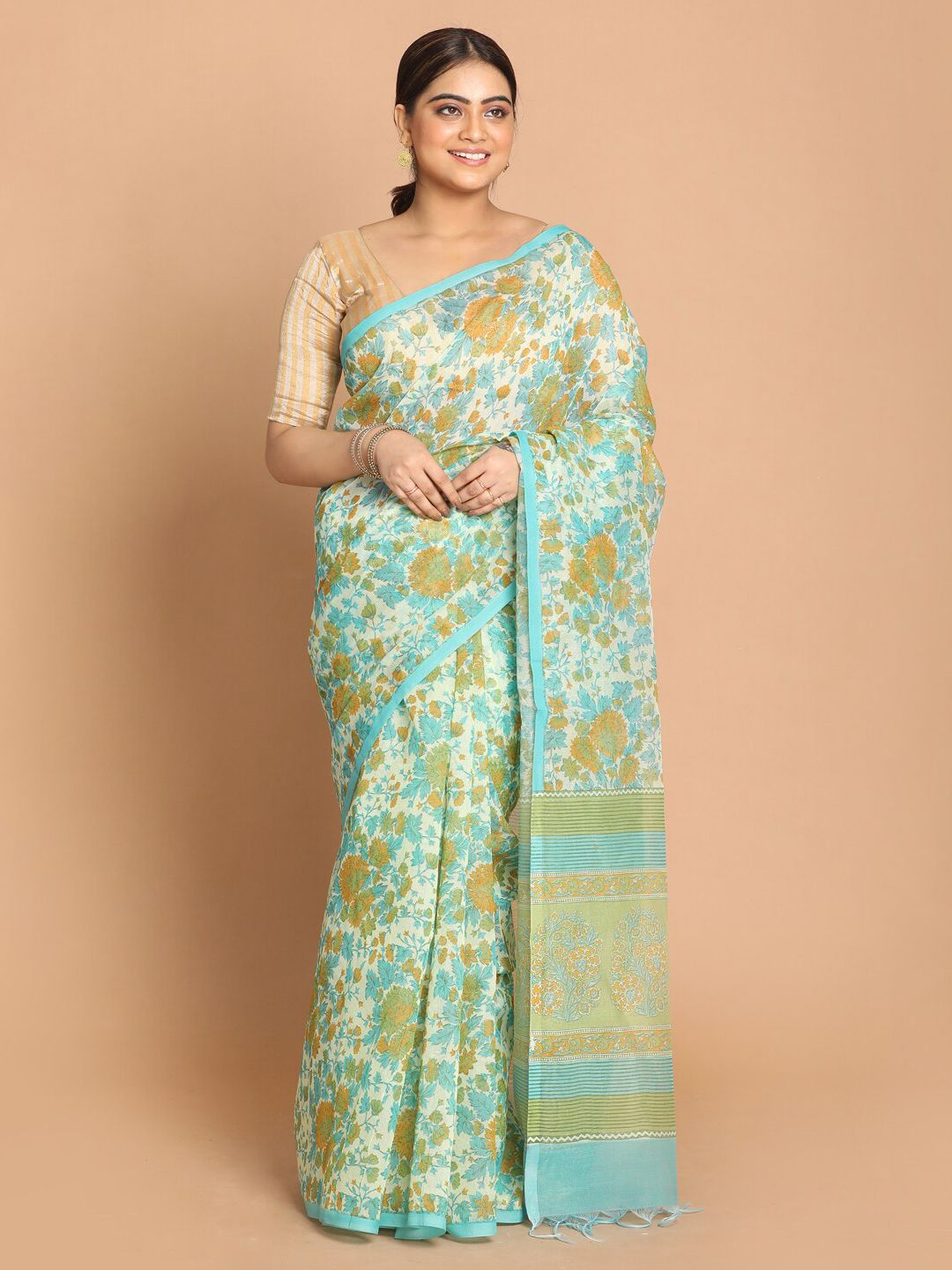 Indethnic Green & Cream-Coloured Floral Supernet Saree