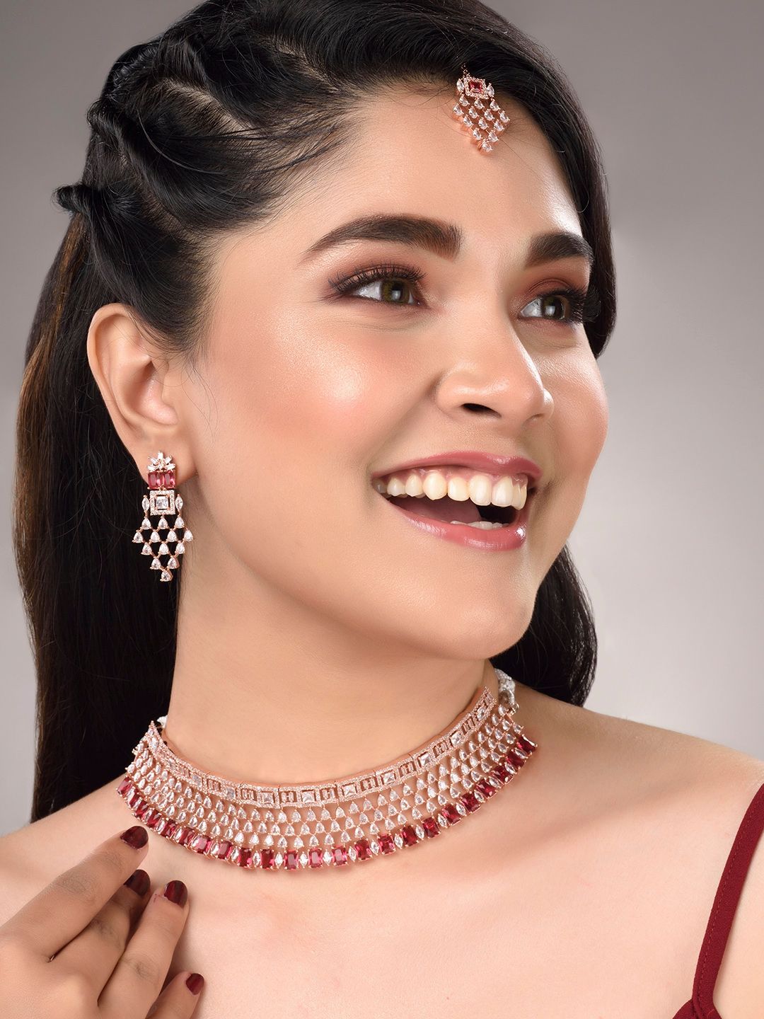 Buy Saraf RS Jewellery Rose Gold Plated & Red AD & CZ Studded Contemporary Jewellery Set -  - Accessories for Women