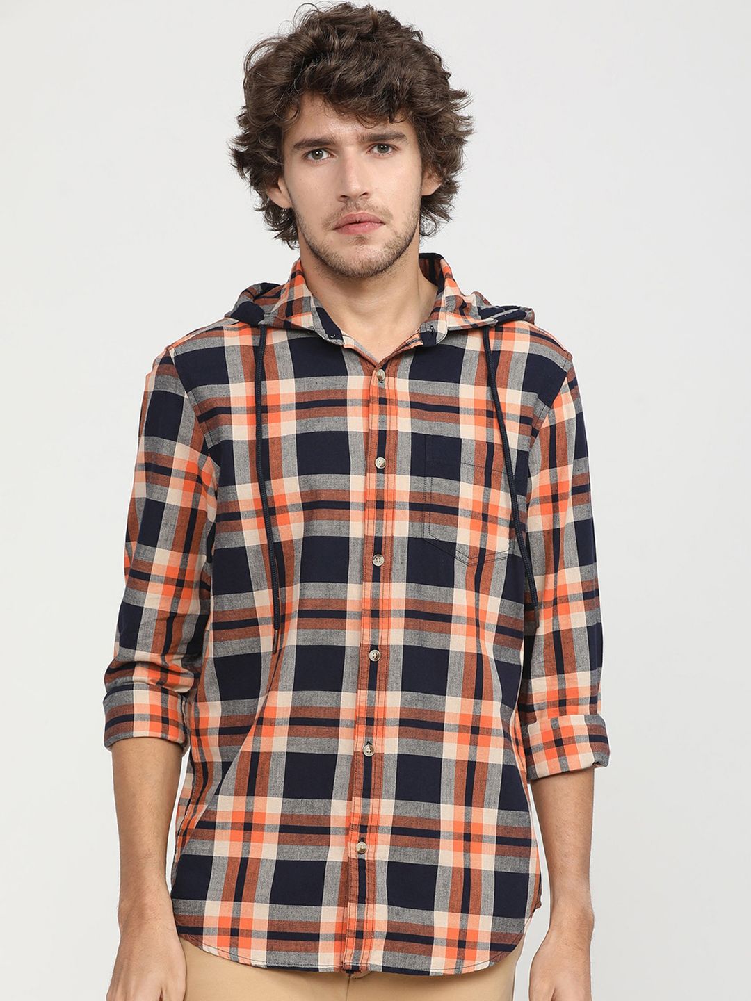 HIGHLANDER Men Orange Slim Fit Tartan Checks Opaque Checked Casual Hooded Shirt
