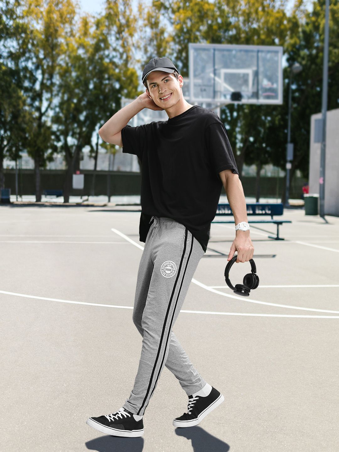 Harvard Men Grey Melange Brand Logo Printed Regular Track Pants With Side Stripes