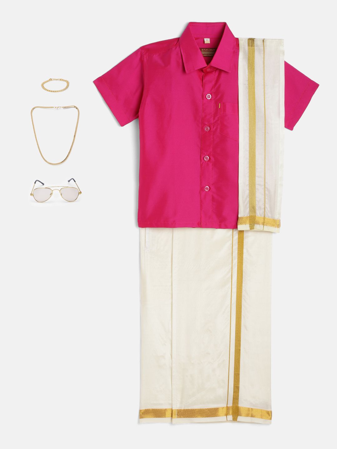 THANGAMAGAN Boys Rose Shirt with Self-attaching Dhoti, Towel And Freebies Set