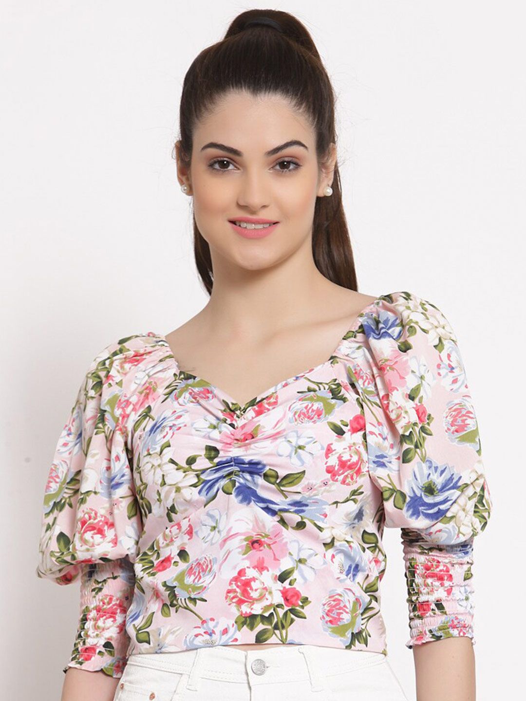 Style Quotient White & Pink Floral Printed Crepe Fitted Top