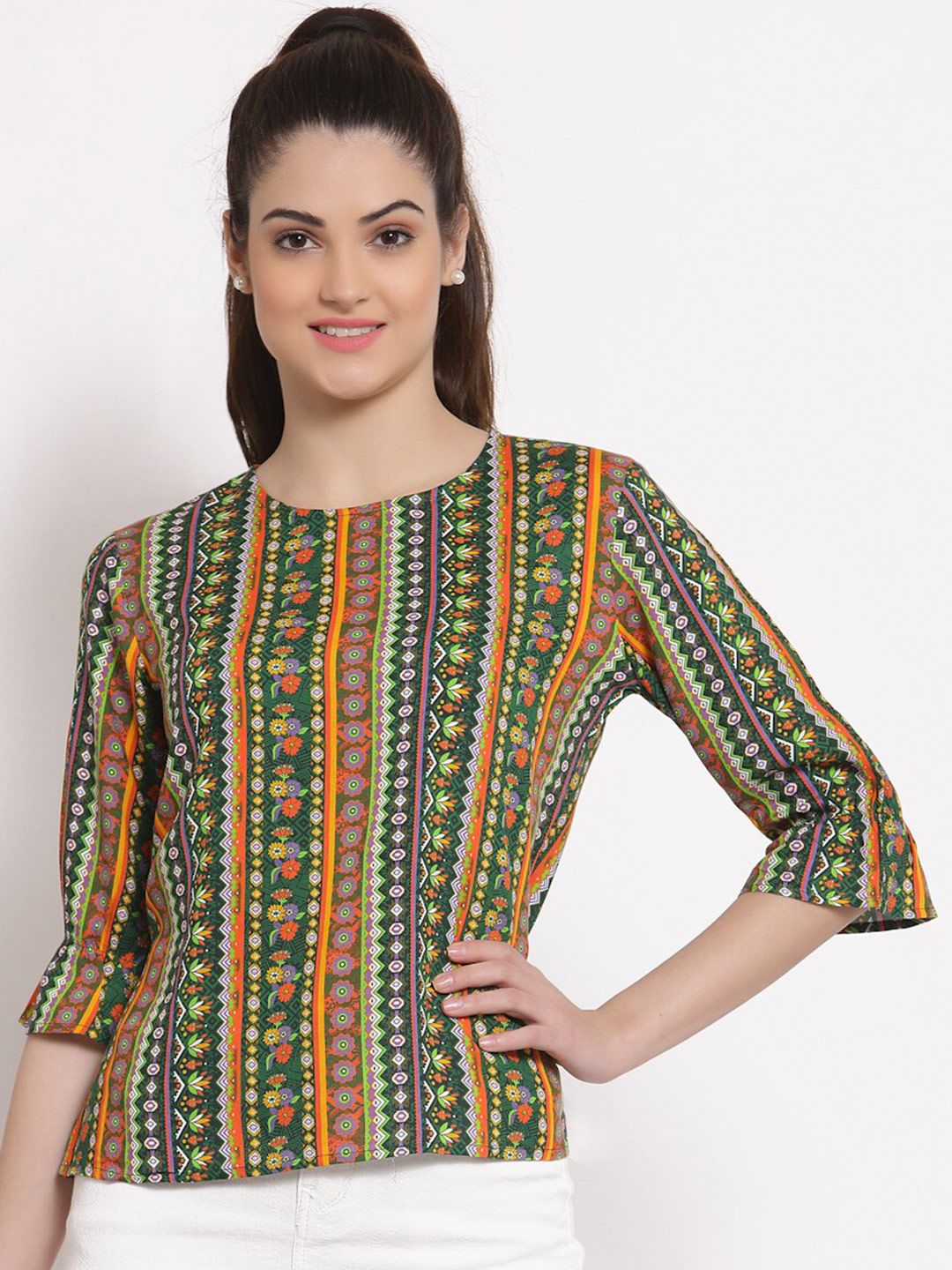 Style Quotient Green & Orange Geometric Crepe Regular Top