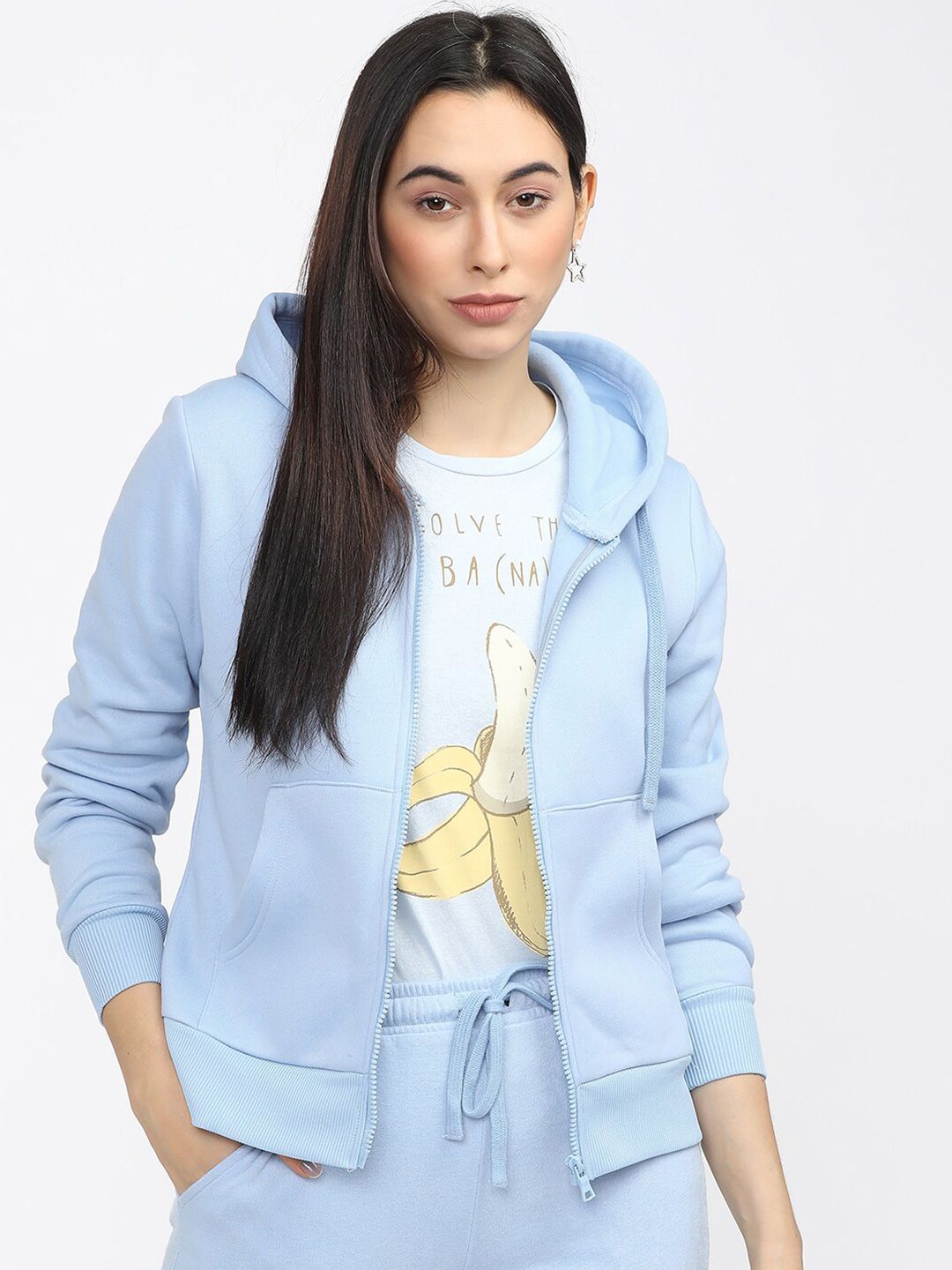 Tokyo Talkies Women Blue Solid Hooded Sweatshirt