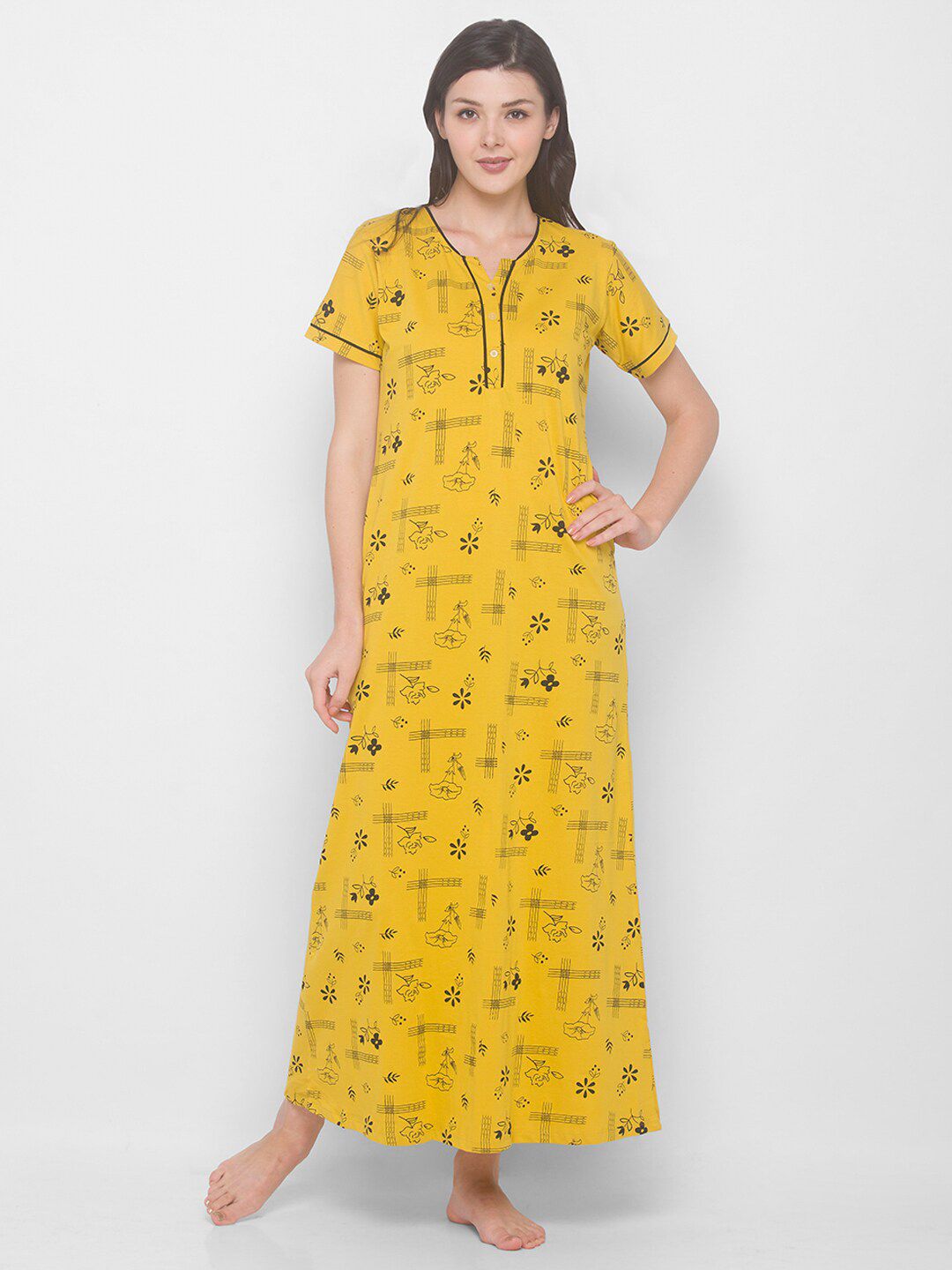 AV2 Women Yellow Printed Nightdress
