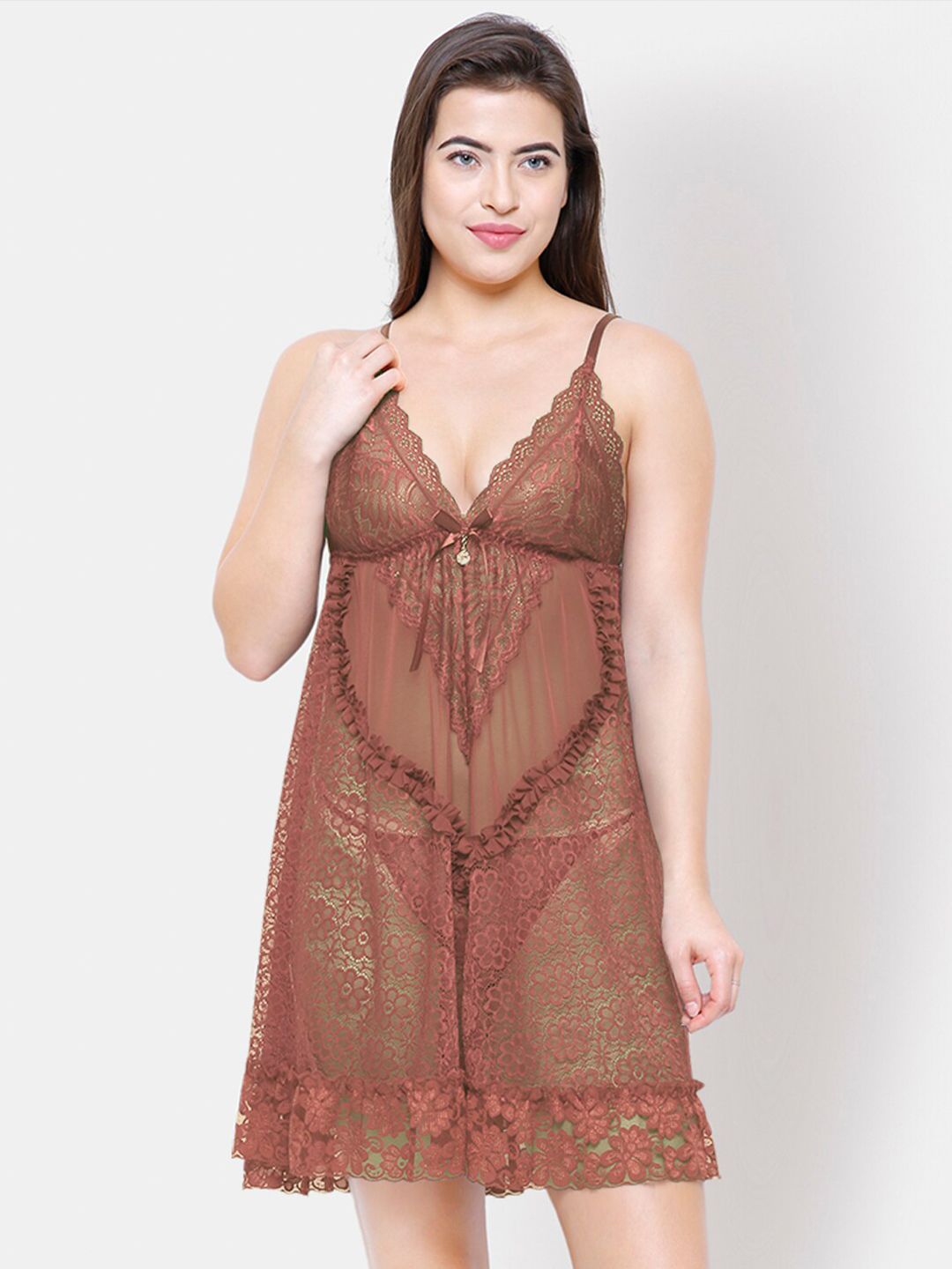 FashionRack Women Coffee Brown Self Design Lace Baby Doll