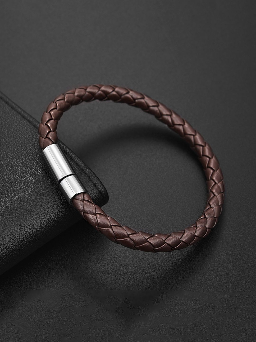 Yellow Chimes Unisex Brown & Silver-Toned Leather Wraparound Bracelet