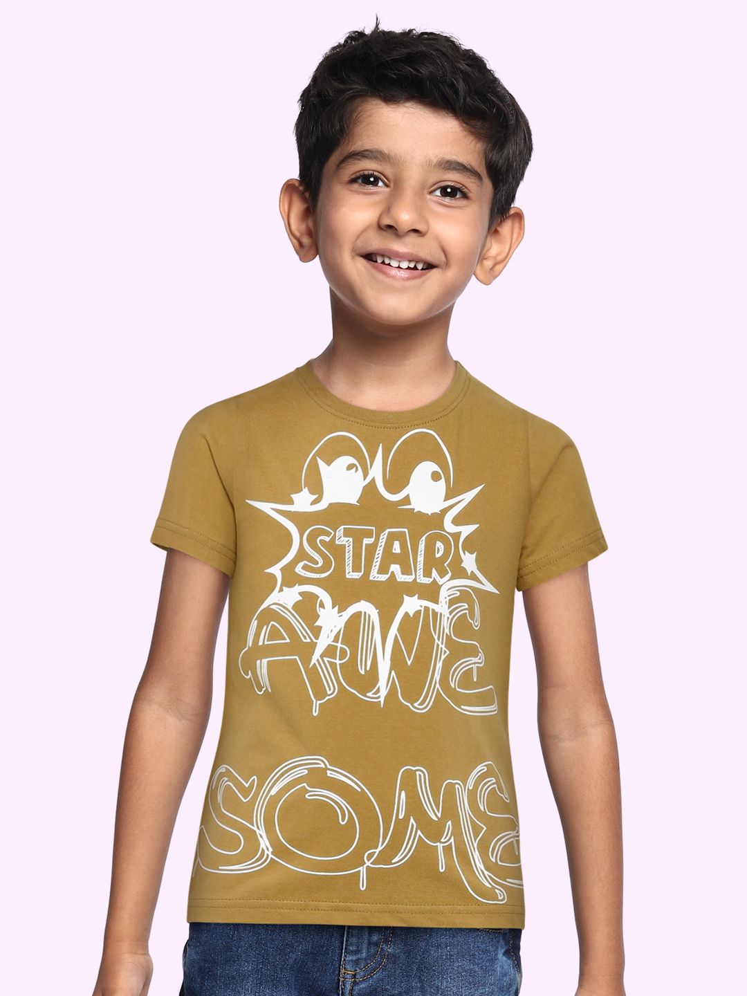 abof Boys Camel Brown Typography Printed Round Neck Regular Sleeves Pure Cotton T-shirt
