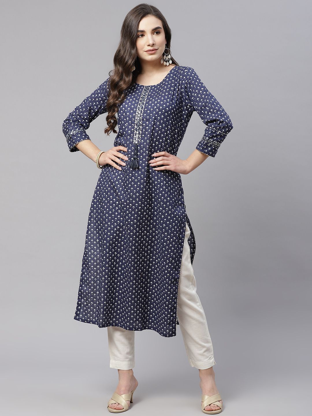 Divena Women Navy Blue Printed Pure Cotton Mirror Work Kurta