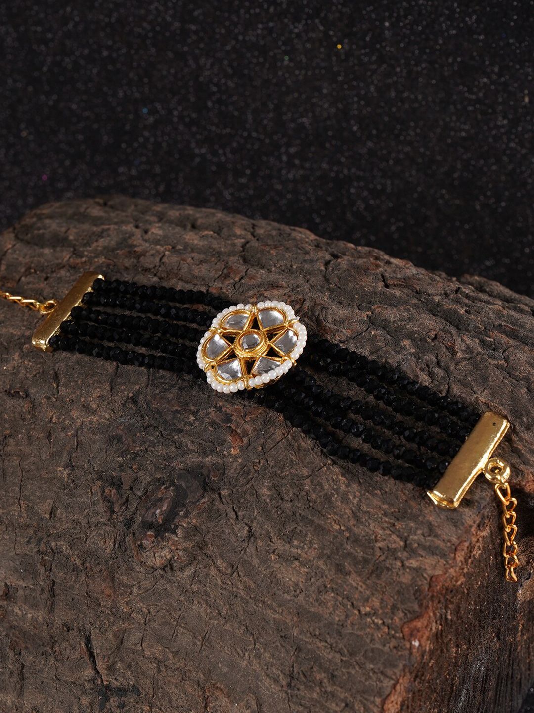 Shoshaa Women Gold-Plated & Black Brass Kundan Wraparound Bracelet