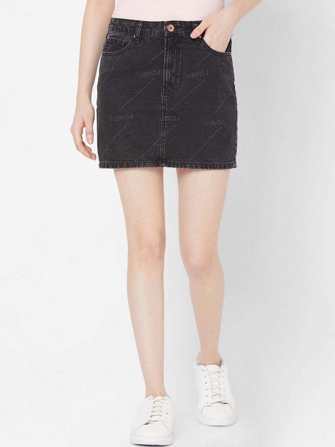 SPYKAR Black Solid Relaxed Mid-Rise Pure Cotton Denim Skirts