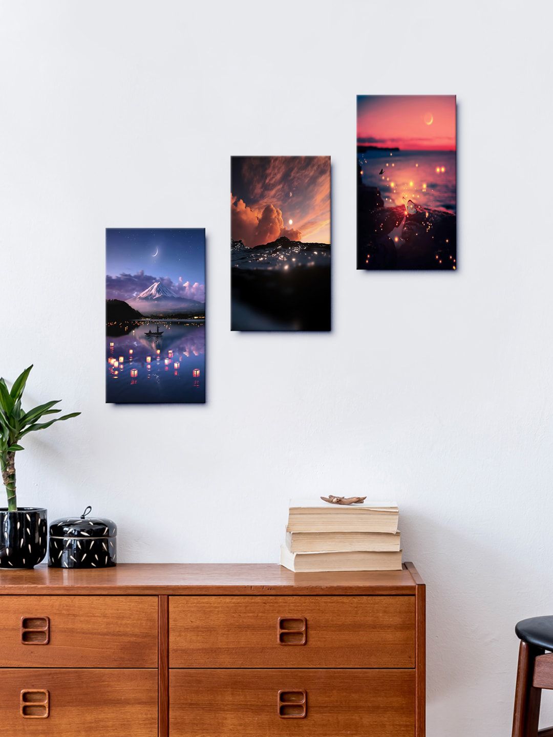 999Store Set of 3 Brown & Black Rising Moon Ocean And Mountains Sky Wall Painting