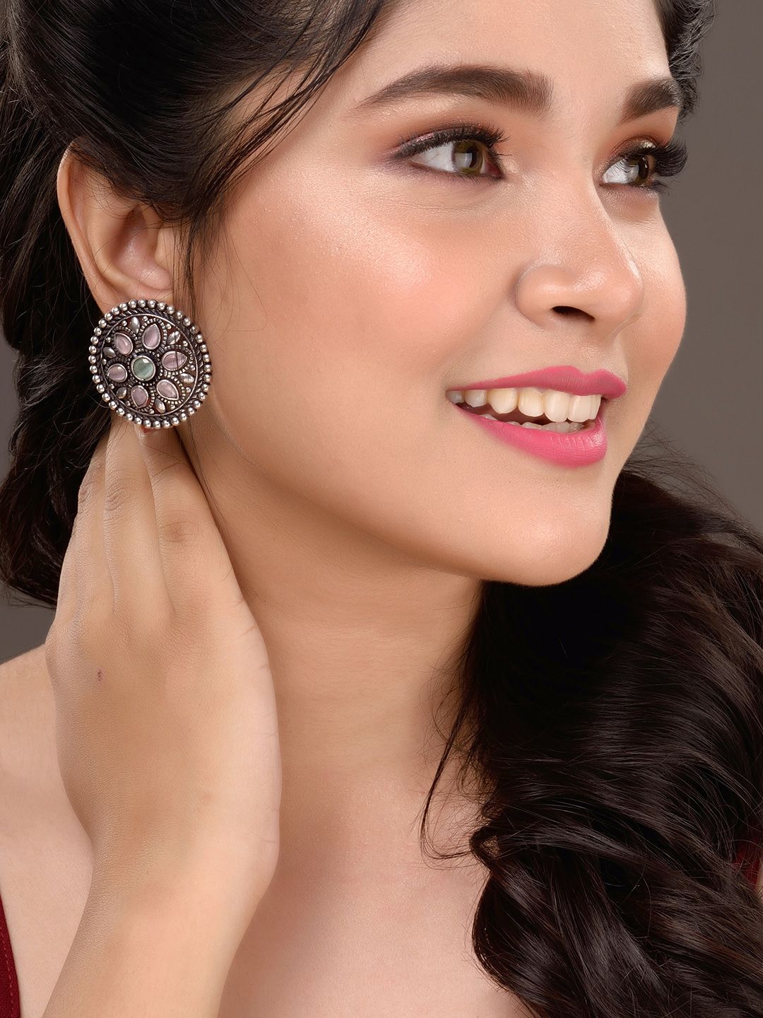 Saraf RS Jewellery Pink Circular Studs Earrings
