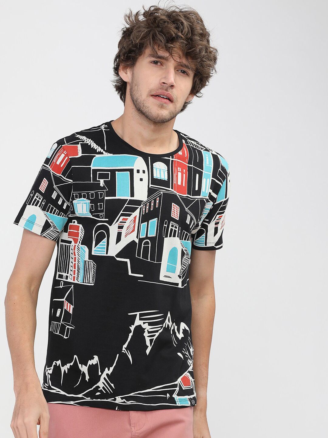 LOCOMOTIVE Men Black Printed Extended Sleeves Pockets Slim Fit T-shirt