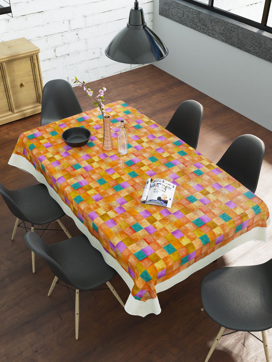 Clasiko Orange & Green Geometric Printed Dining Table Cover