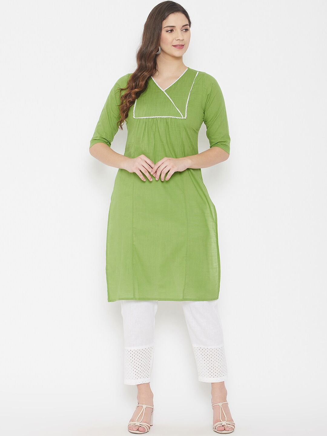 WineRed Women Green Solid Pure Cotton Kurta