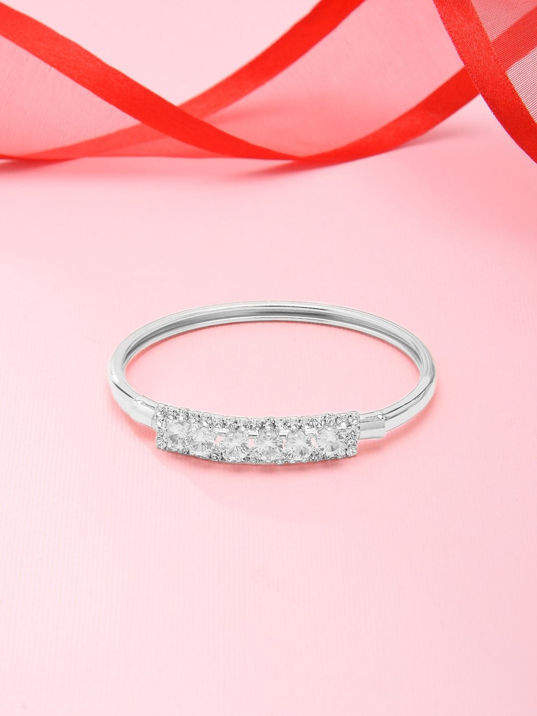 AMI Women Silver-Toned Cubic Zirconia Studded Kada Bracelet