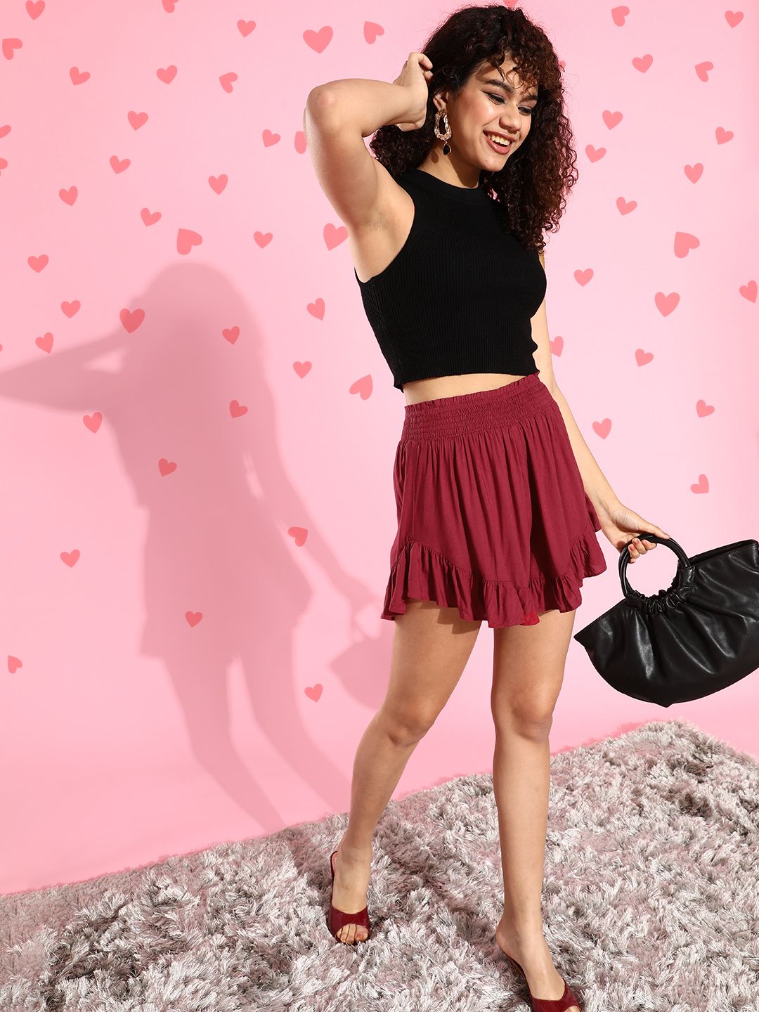 QUIERO Women Deep Maroon Solid Ruffled Shorts