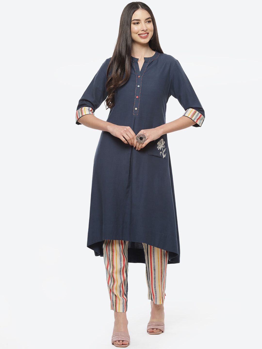 Biba Women Navy Blue & Beige Kurta with Trousers