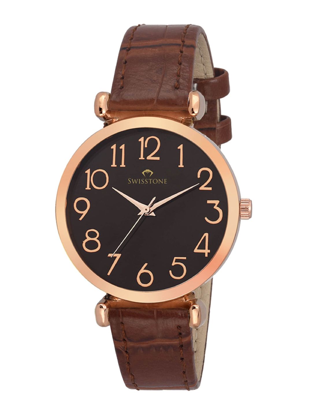 SWISSTONE Women Black Brass Dial & Brown Straps Analogue Watch