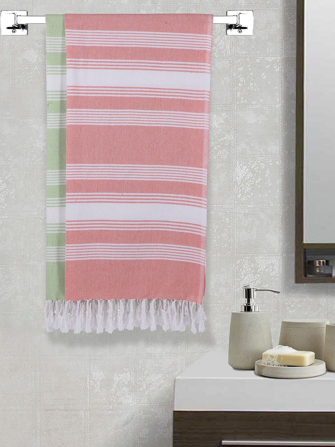 Arrabi Handwoven Striped Cotton 210GSM Reversible 2PCs Adult Regular Bath Towel-59x30In