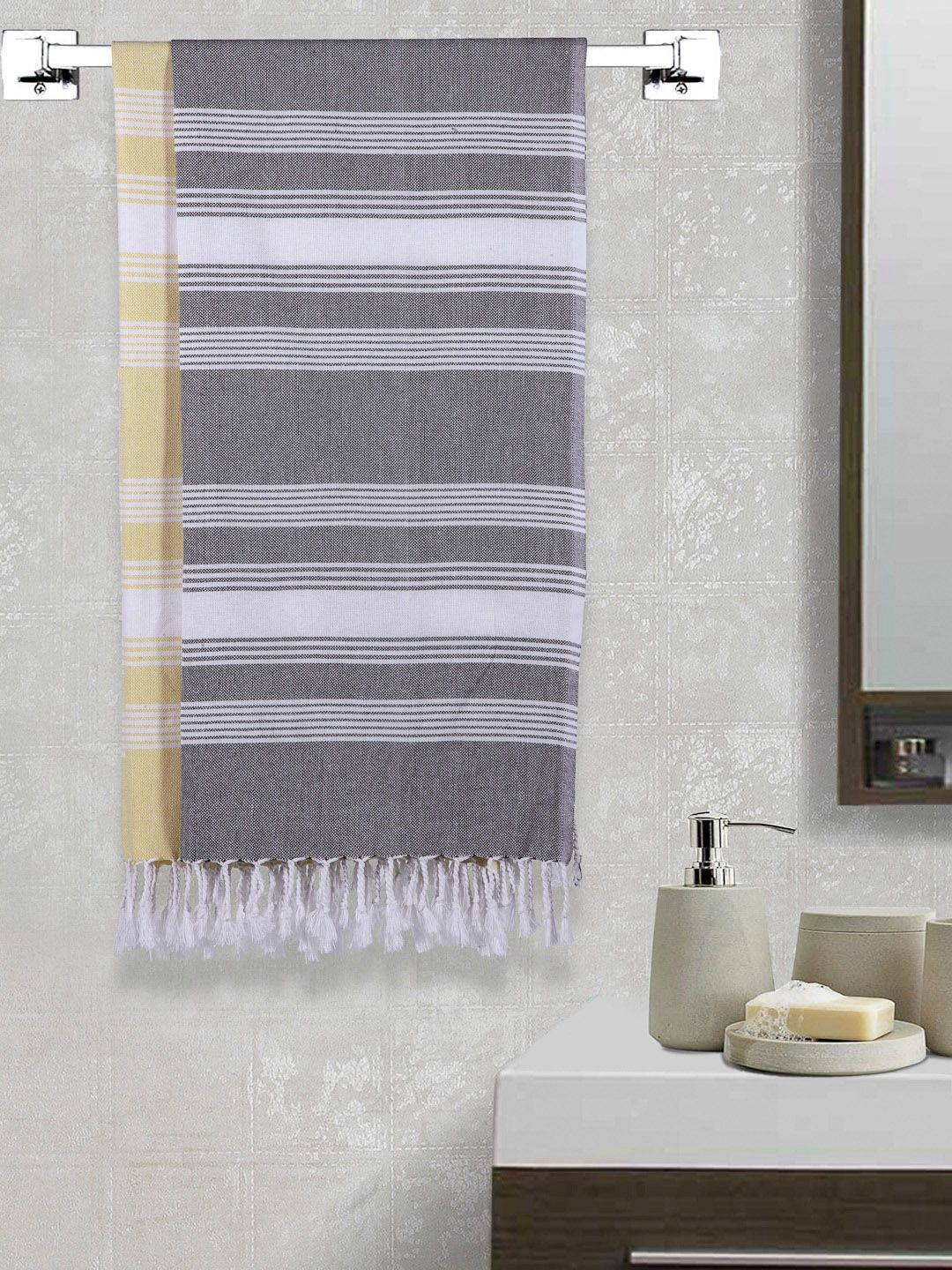 Arrabi White Striped Cotton 210GSM Super Soft 2PCs Adult Regular Bath Towel-59x30In