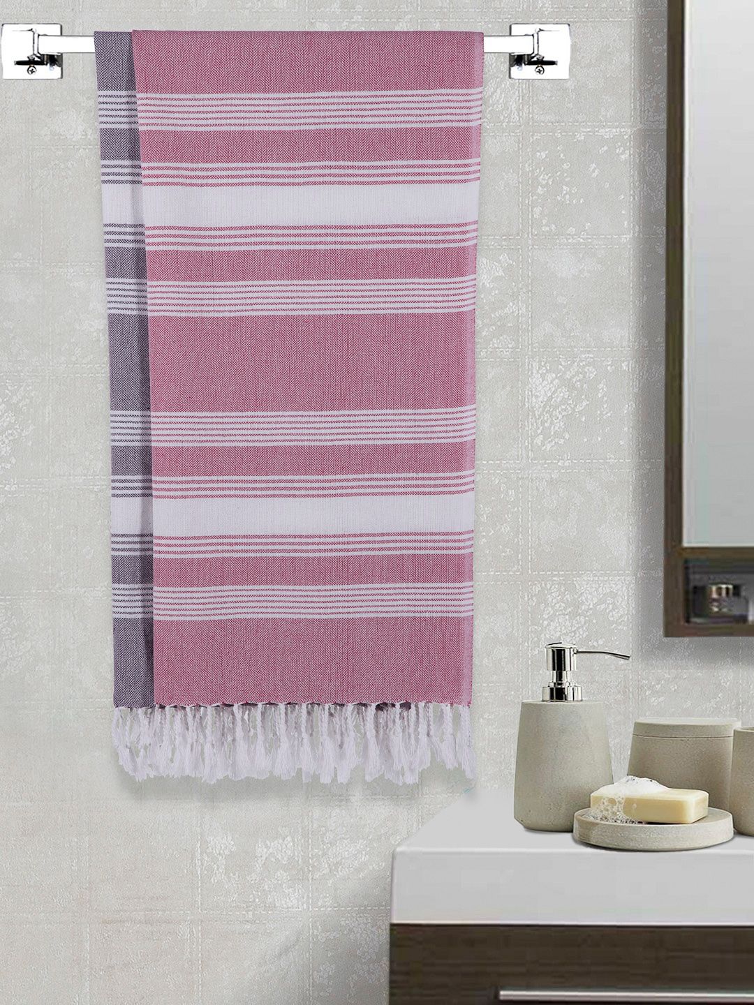 Arrabi Handwoven Striped Cotton 210GSM Reversible 2PCs Adult Regular Bath Towel-59x30In