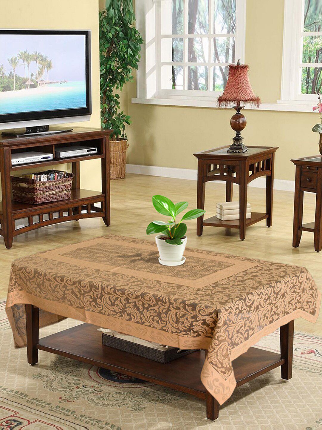 Kuber Industries Orange & Black Floral Printed 4-Seater Rectangle Cotton Table Cover