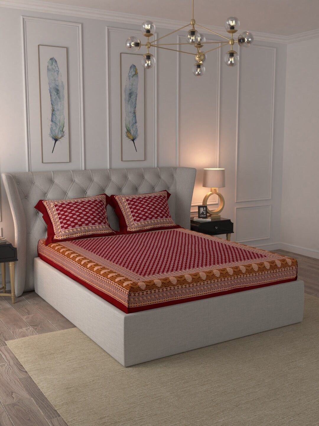 Buy JAIPUR FABRIC Crimson Border Maroon Ethnic Motifs Cotton 120 TC Fitted Queen Bedsheet With 2 Pillow Covers 98 X 87 Inches -  - Home for Unisex