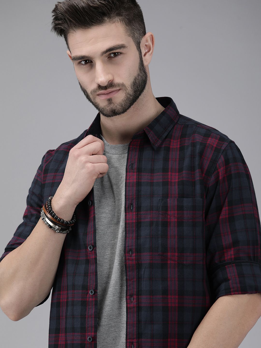 The Roadster Lifestyle Co Men Blue & Pink Checked Casual Pure Cotton Shirt