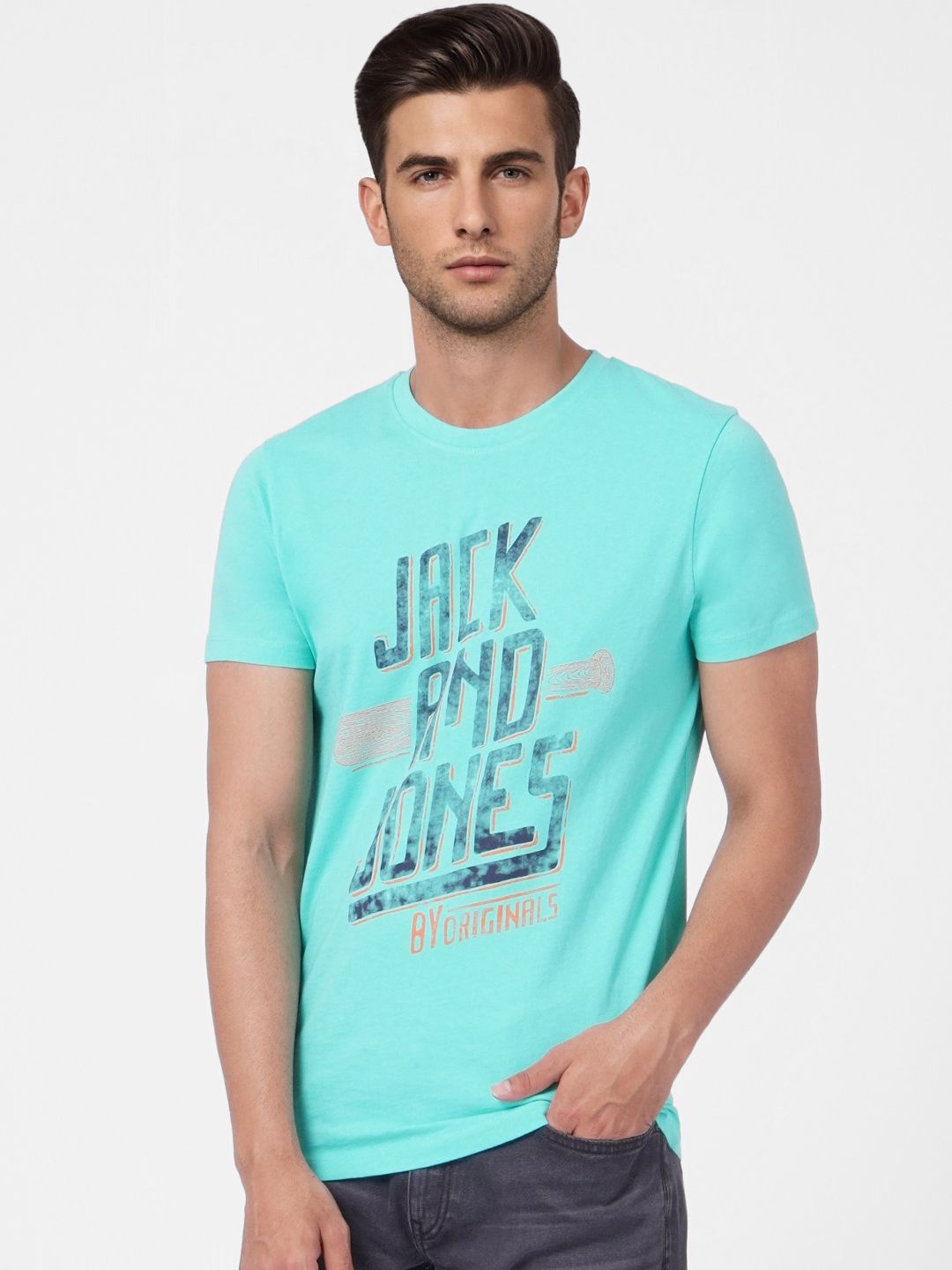 Jack & Jones Men Sea Green Typography Printed Pure Cotton Slim Fit T-shirt