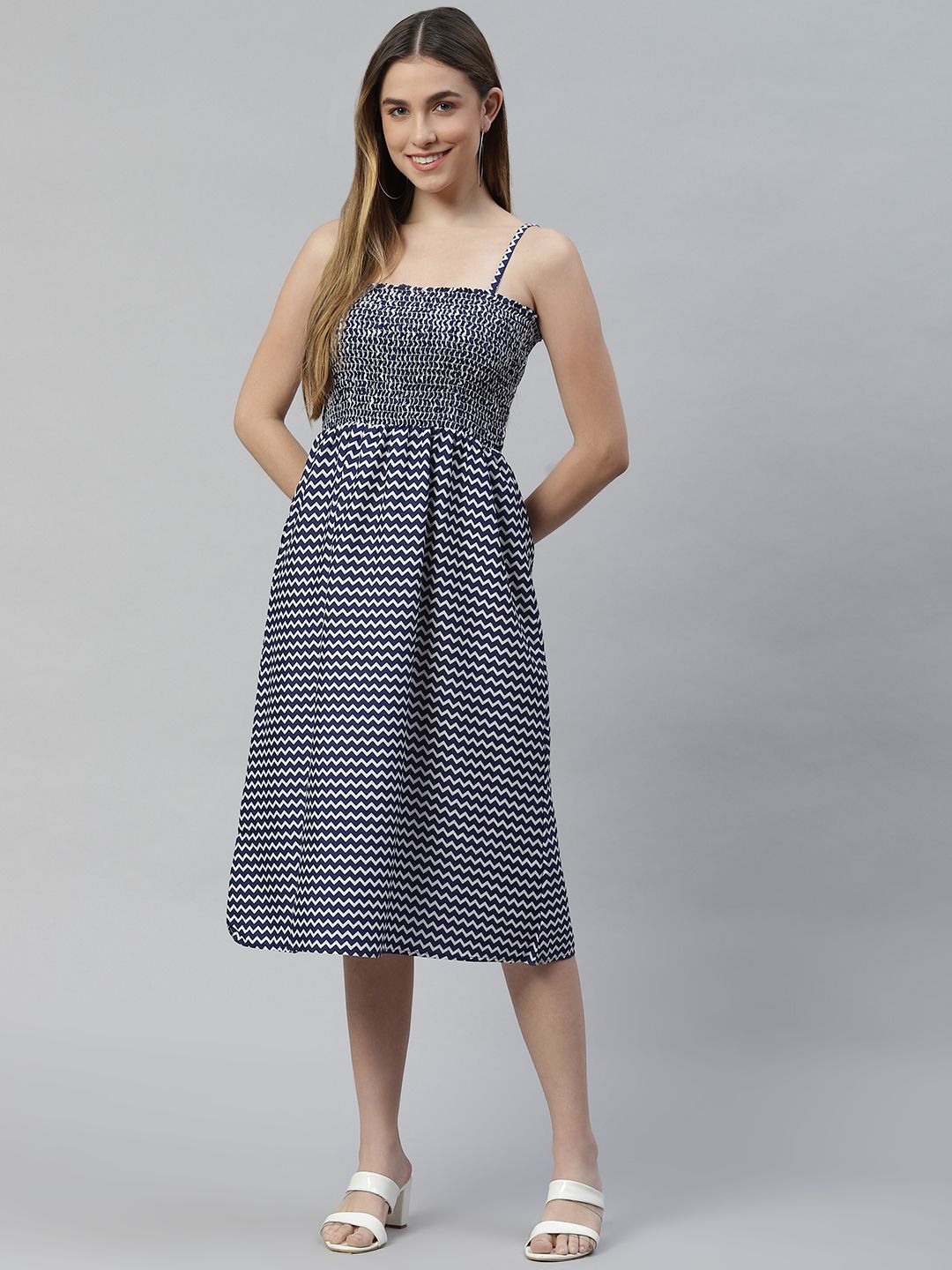 VARUSHKA Blue & White Crepe Midi Dress
