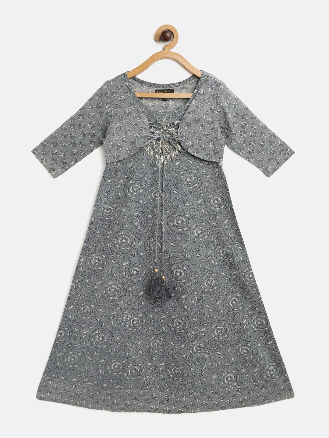 Readiprint Grey & White Floral A-Line Maxi Ethnic Dress