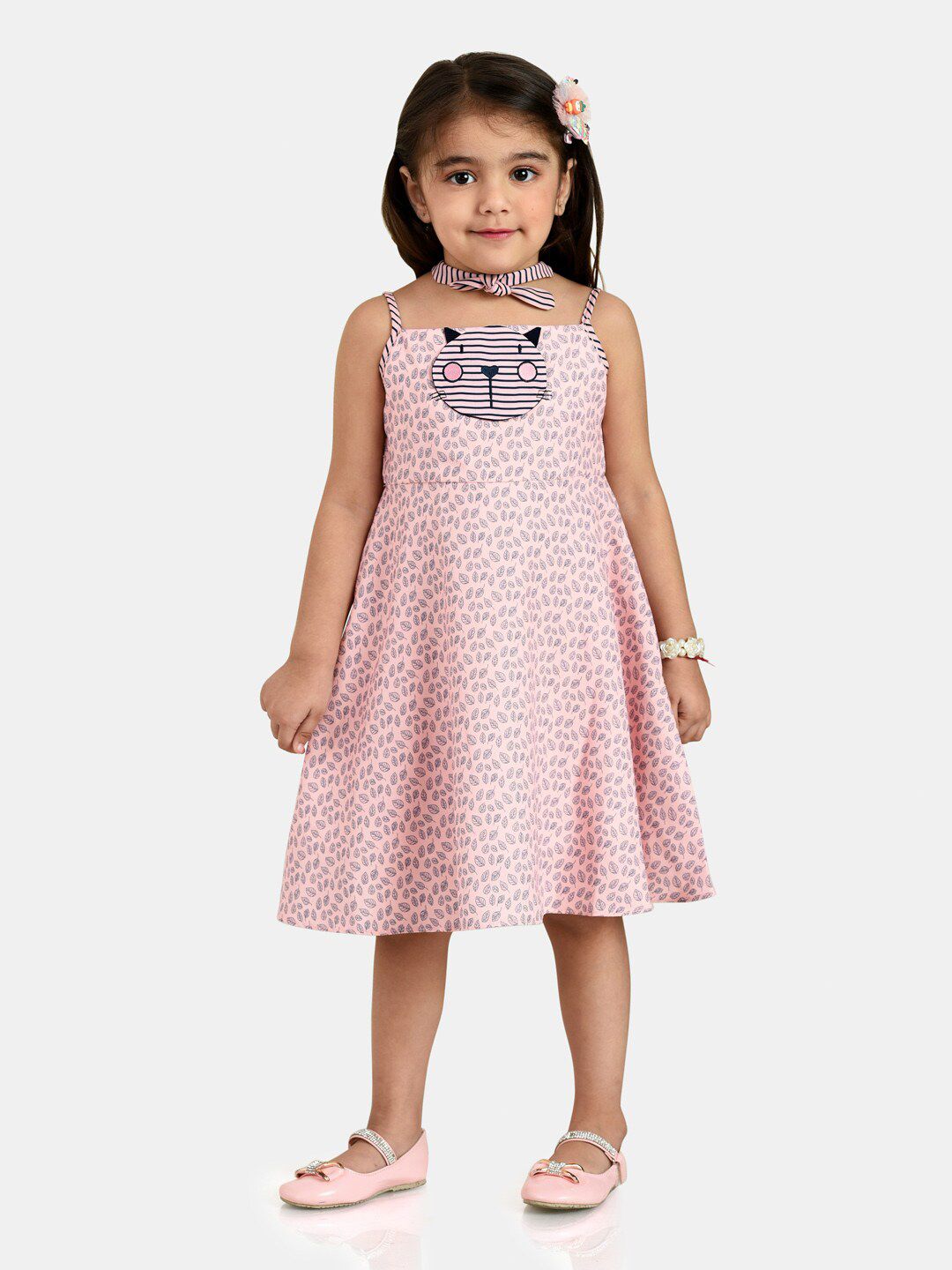 Peppermint Girls Pink & Grey Floral Printed Satin A-Line Dress