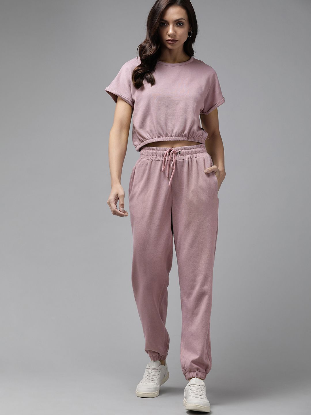 Buy Roadster Women Mauve Solid Cropped Blouson Top With Relaxed Joggers -  - Apparel for Women