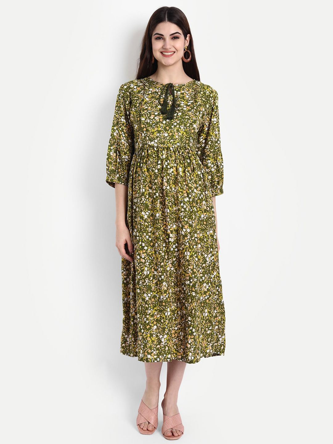 Aaruvi Ruchi Verma Green & Yellow Floral Tie-Up Neck Maternity Midi Fit & Flare Dress