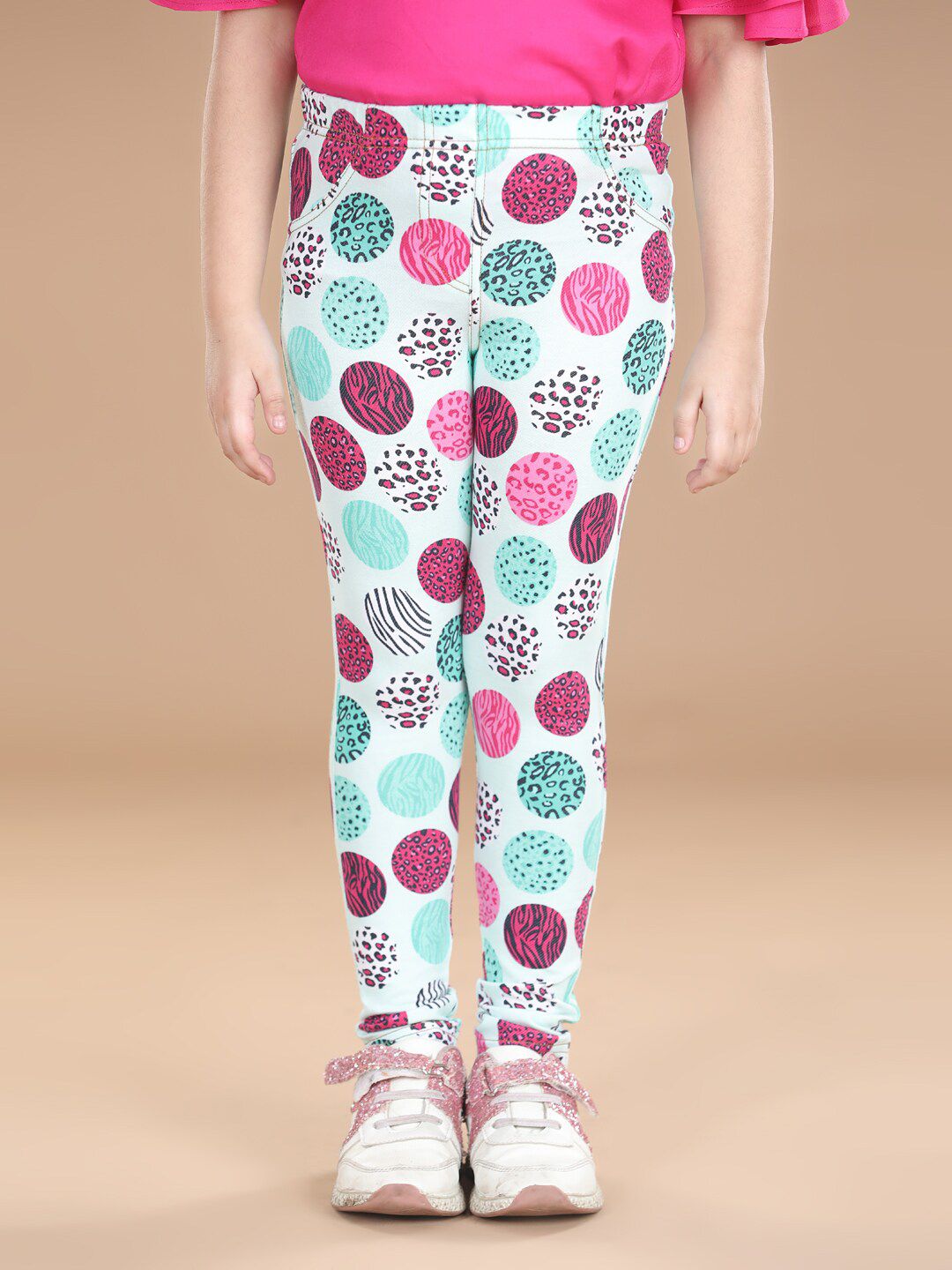 StyleStone Girls White & Pink Printed Cotton Treggings