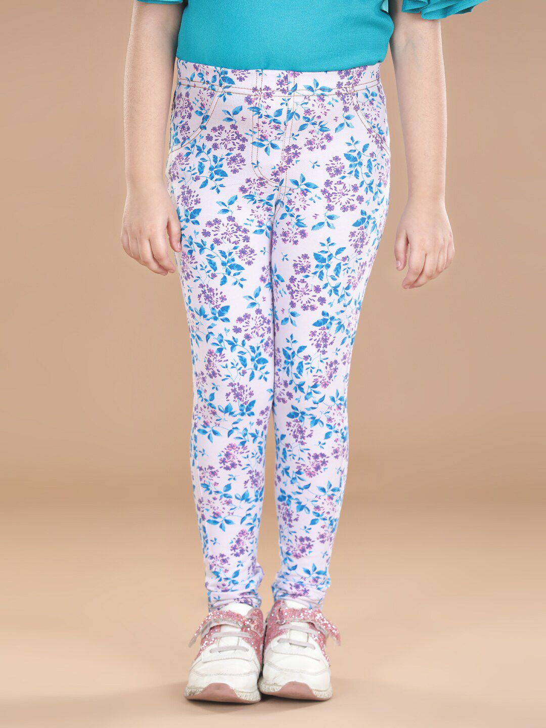 StyleStone Girls Blue & Purple Floral Printed Cotton Treggings