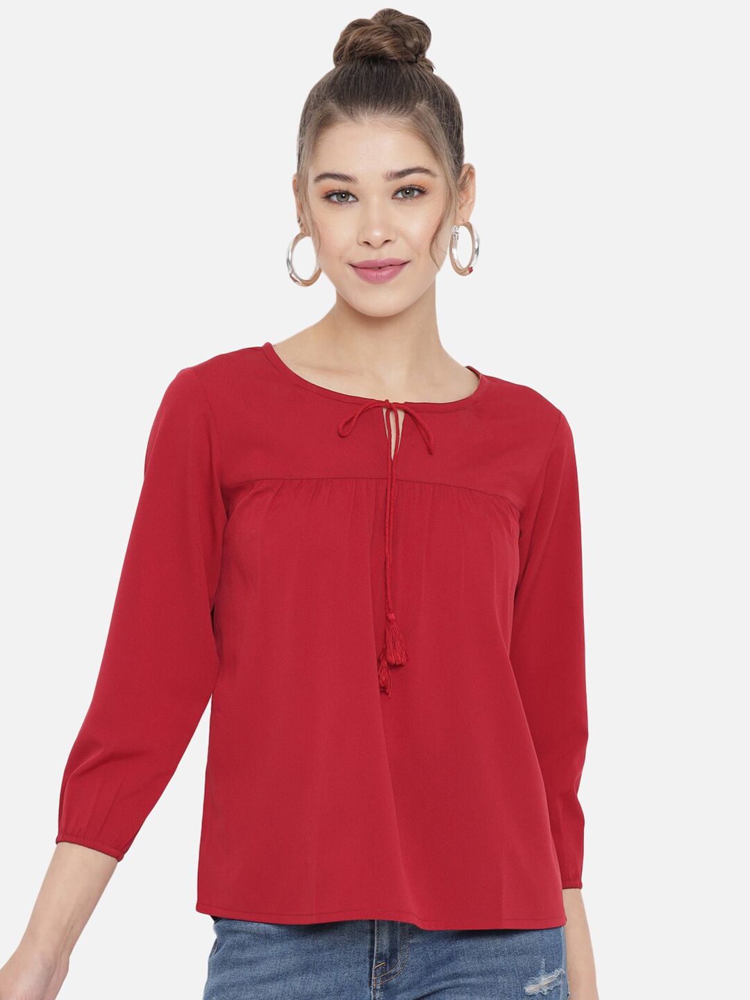 Slenor Maroon Tie-Up Neck Crepe Top