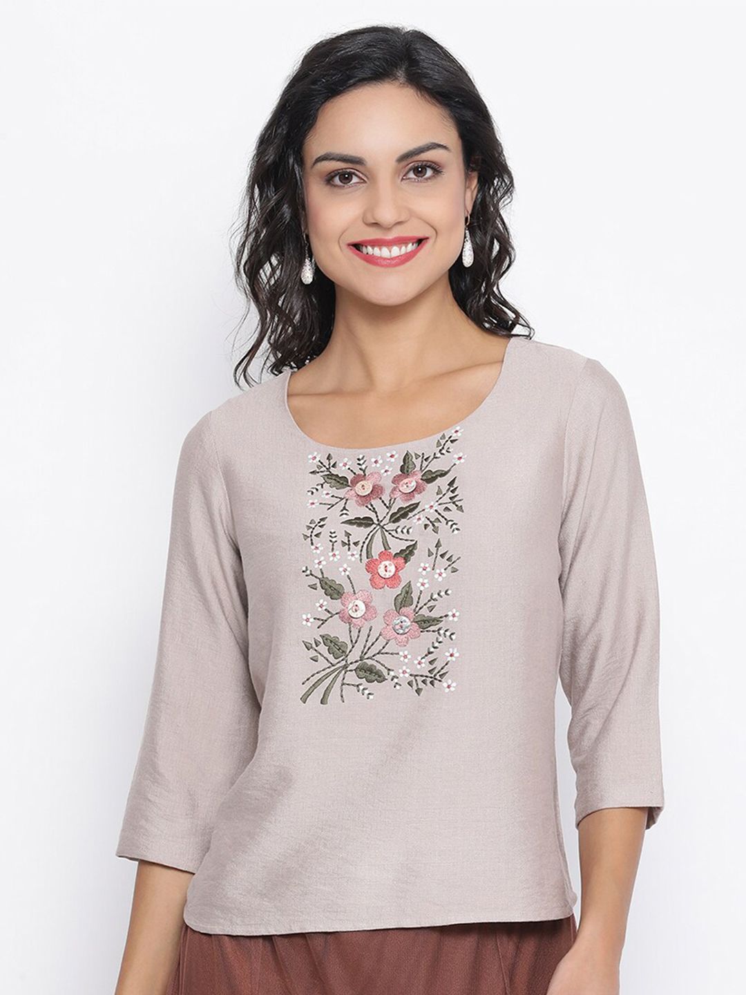 LELA Women Beige Floral Embroidered Top