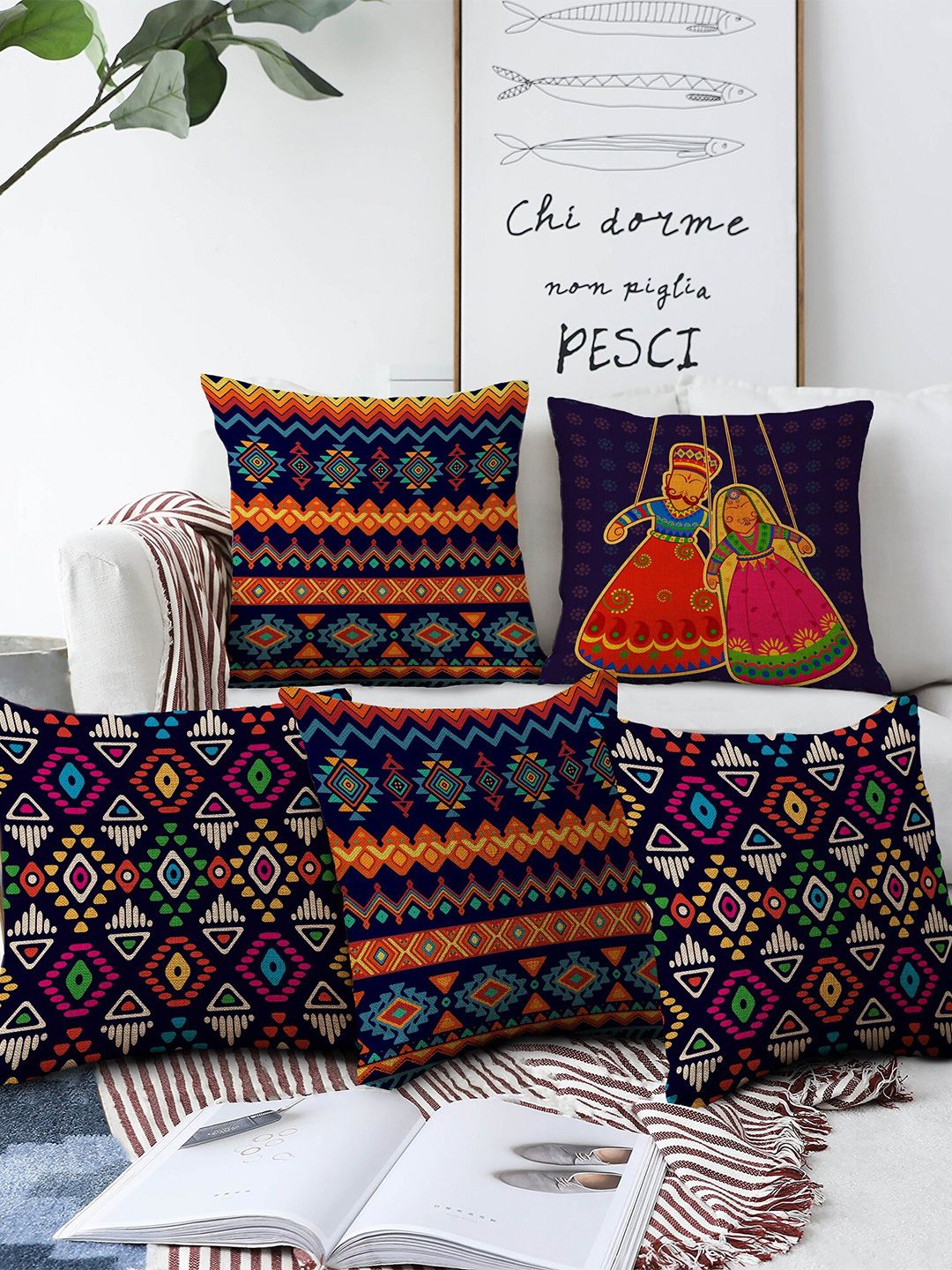AEROHAVEN Blue Ethnic Motifs Jute Durable 5 Piece Square Cushion Covers -16x16In