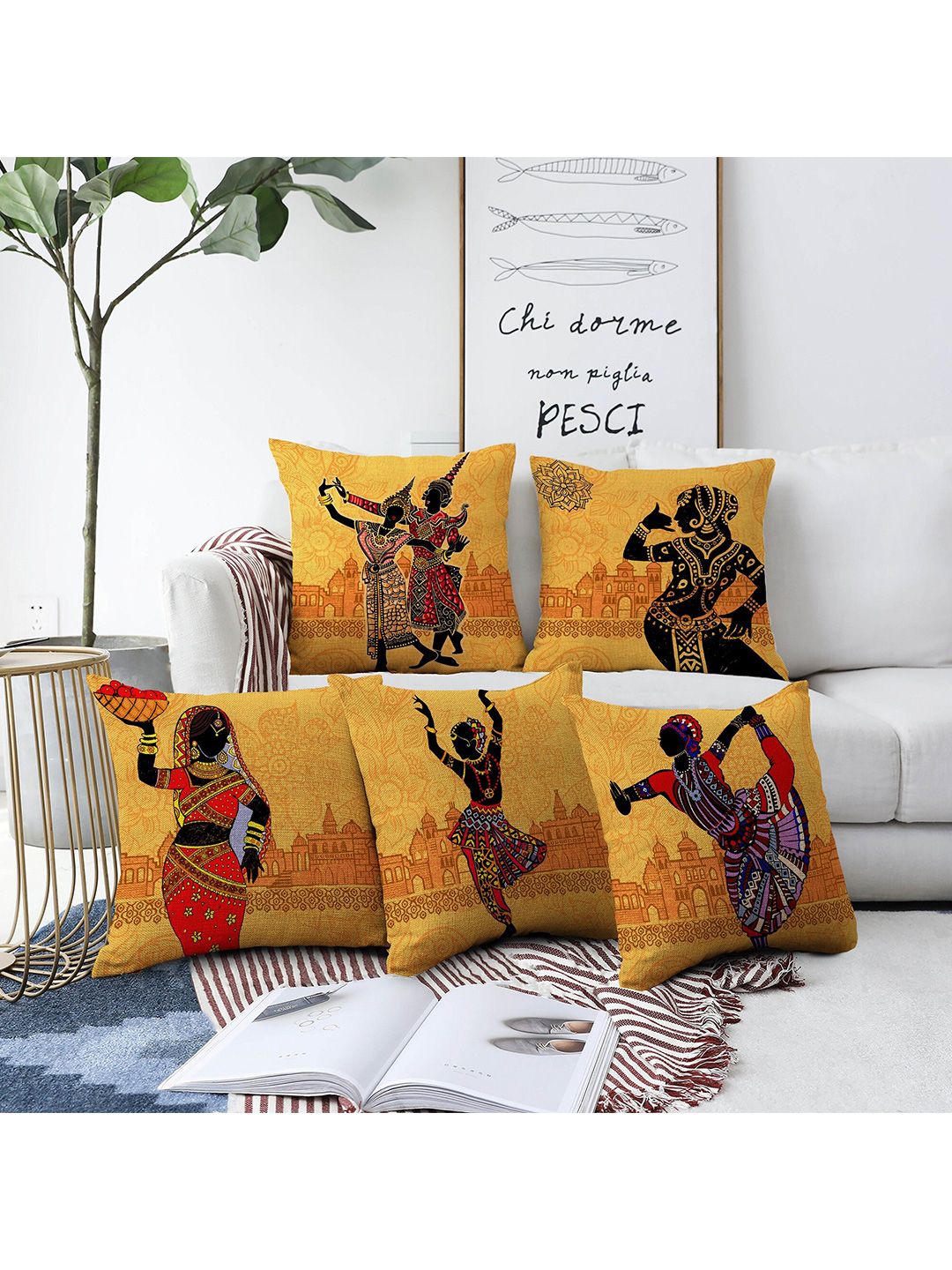 AEROHAVEN Yellow Ethnic Motifs Jute Durable 5 Piece Square Cushion Covers -24x24In