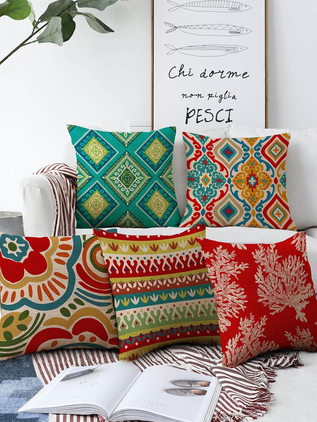 AEROHAVEN Red Ethnic Motifs Jute Durable 5 Piece Square Cushion Covers -18x18In