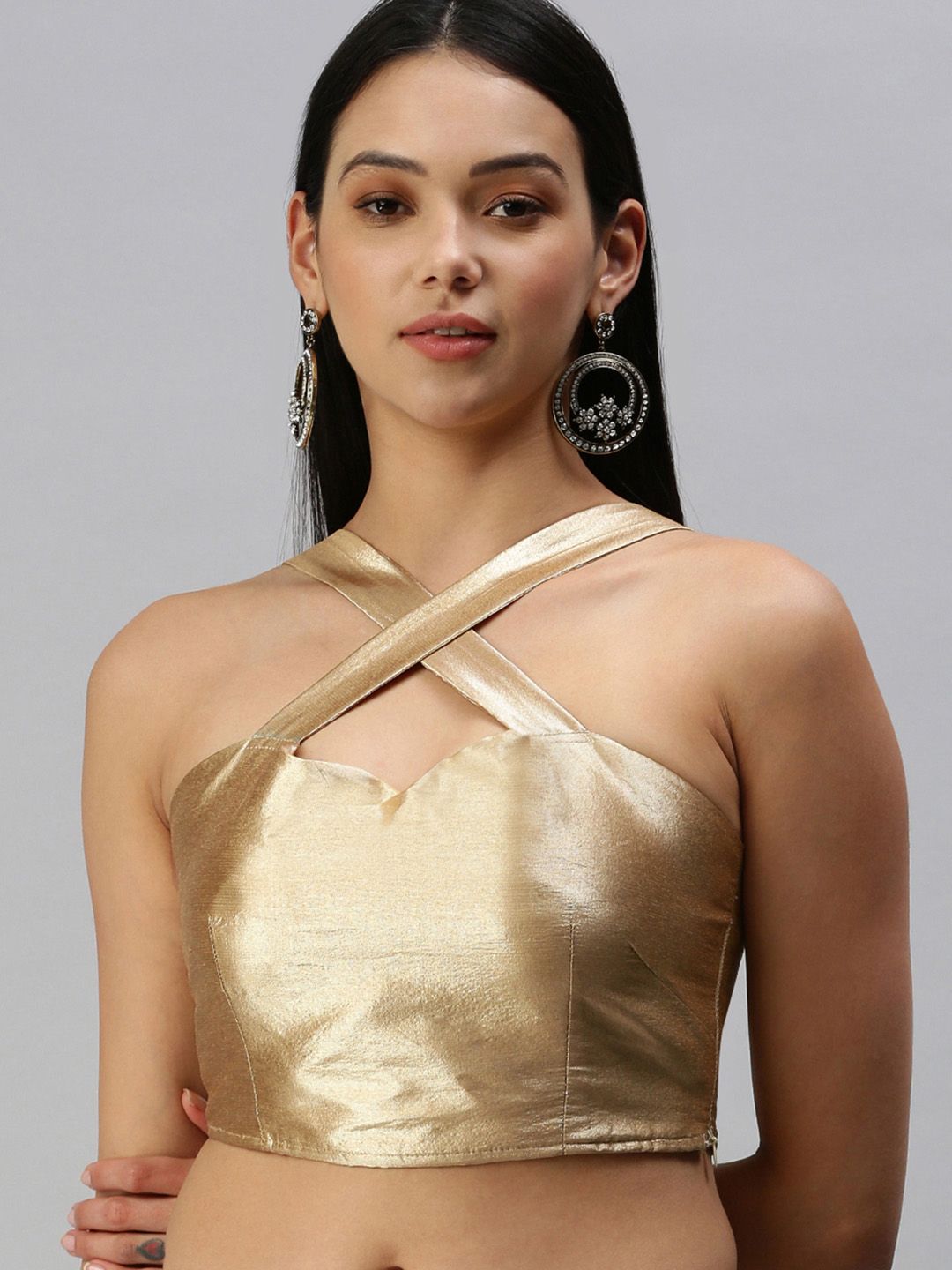 flaher Women Golden Solid Art Silk Padded Blouse