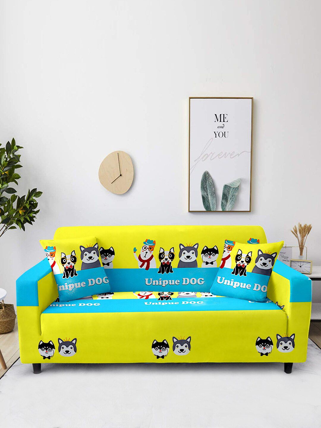 Buy Cortina Yellow Conversational Polyester Anti Slip Straight 3 Seater Sofa Cover 73x91In -  - Home for Unisex